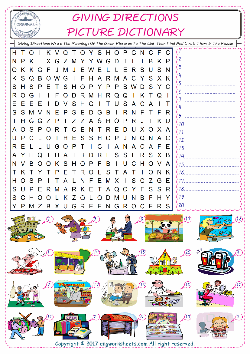  For kids, check the picture of Giving Directions find, and write the word and find it in the word puzzle ESL printable worksheet. 
